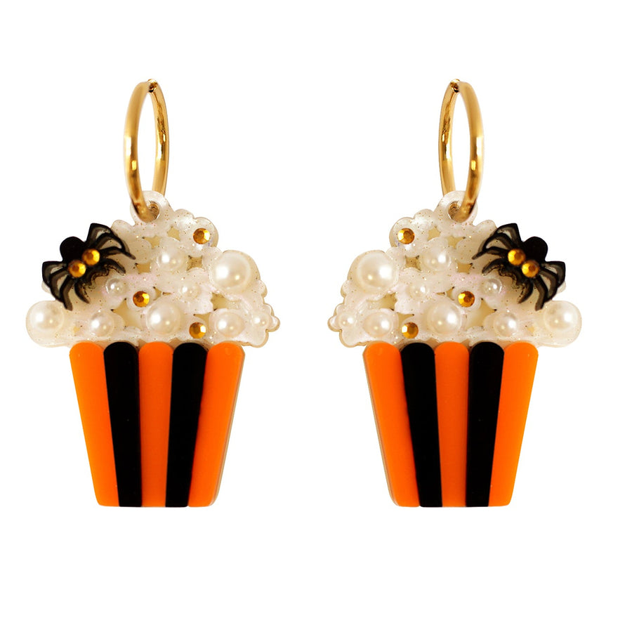 Halloween popcorn bucket and spider drop earrings — acrylic novelty cinema jewelry — LaliBlue Midnight Cinema