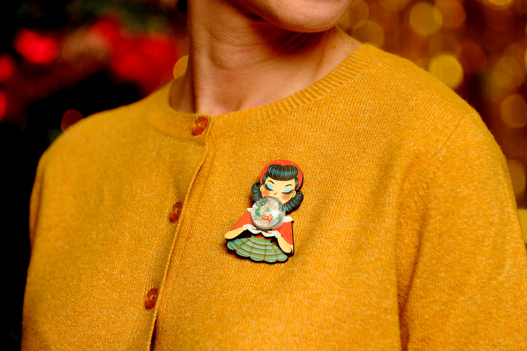 Girl with Snowman Snow Globe Brooch