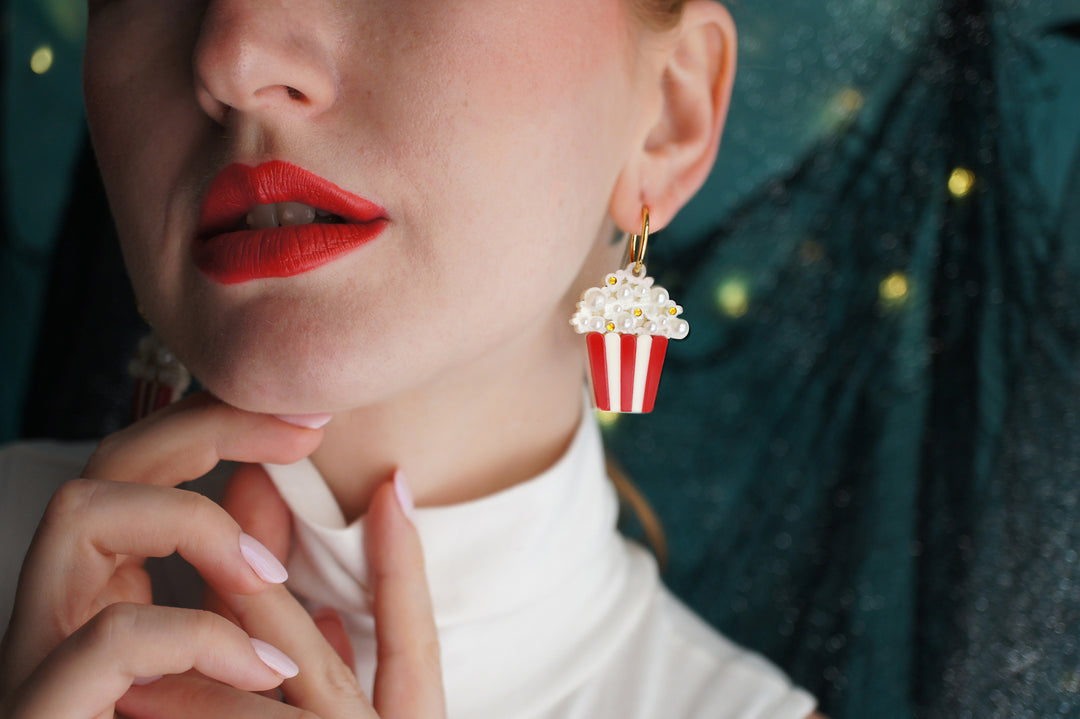 Cinema popcorn hoop earrings close-up — gold hoop Halloween cinema acrylic jewelry — LaliBlue Midnight Cinema