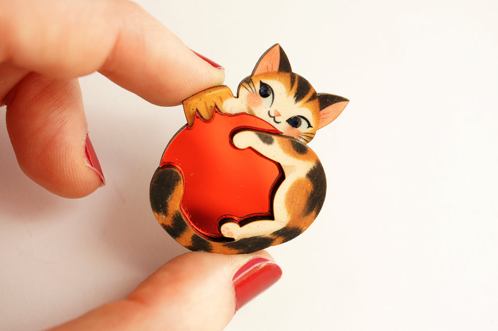 Kitten Christmas ornament button cover detail, LaliBlue Christmas jewelry, cat, button cover