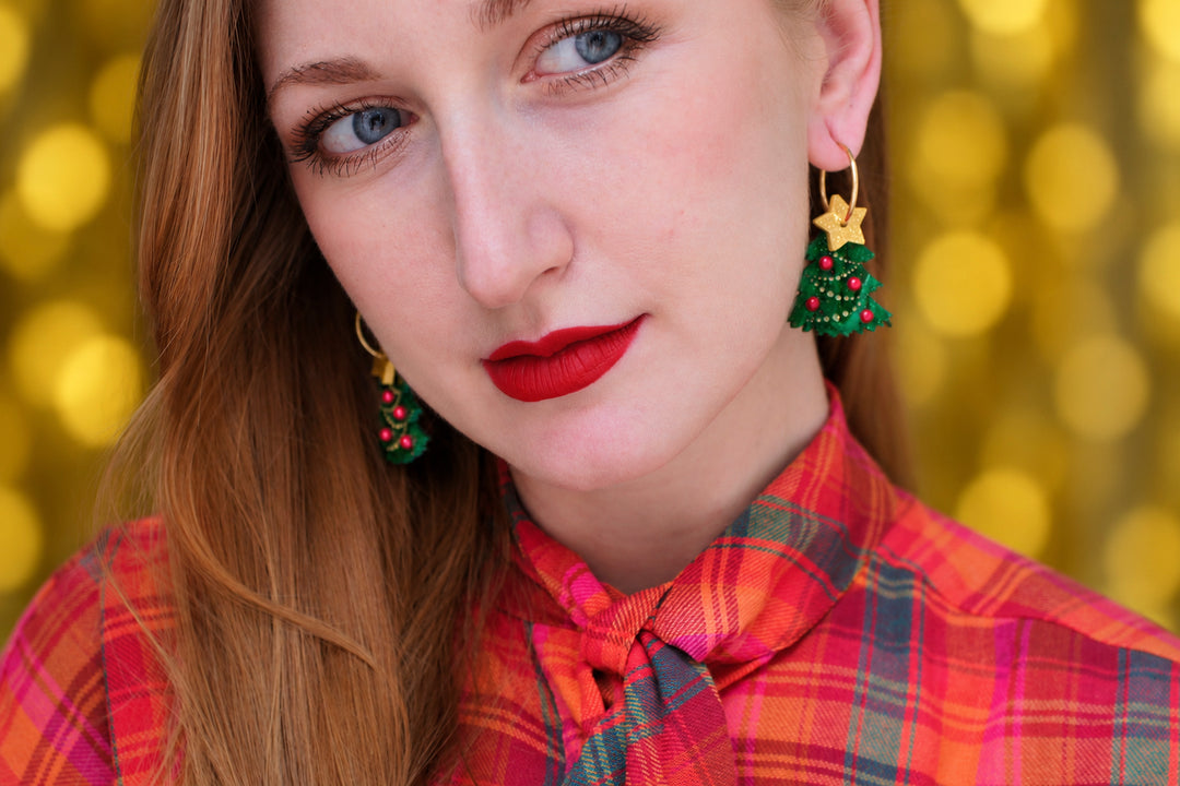 Christmas tree earring close up with red ornaments, LaliBlue Christmas jewelry, acrylic