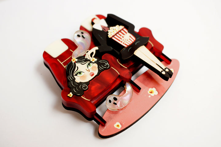 Headless cinema viewer brooch worn — Halloween movie audience acrylic illustrated wood jewelry — LaliBlue Midnight Cinema