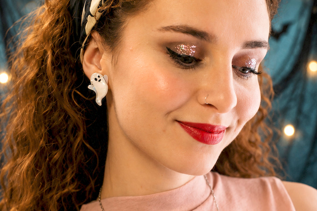 Pearlescent Halloween ghost earrings worn — acrylic spooky novelty jewelry — LaliBlue Midnight Cinema