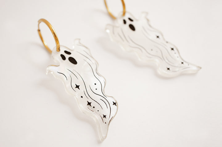 Long ghost drop earrings size reference — pearlescent acrylic Halloween statement jewelry — LaliBlue Midnight Cinema