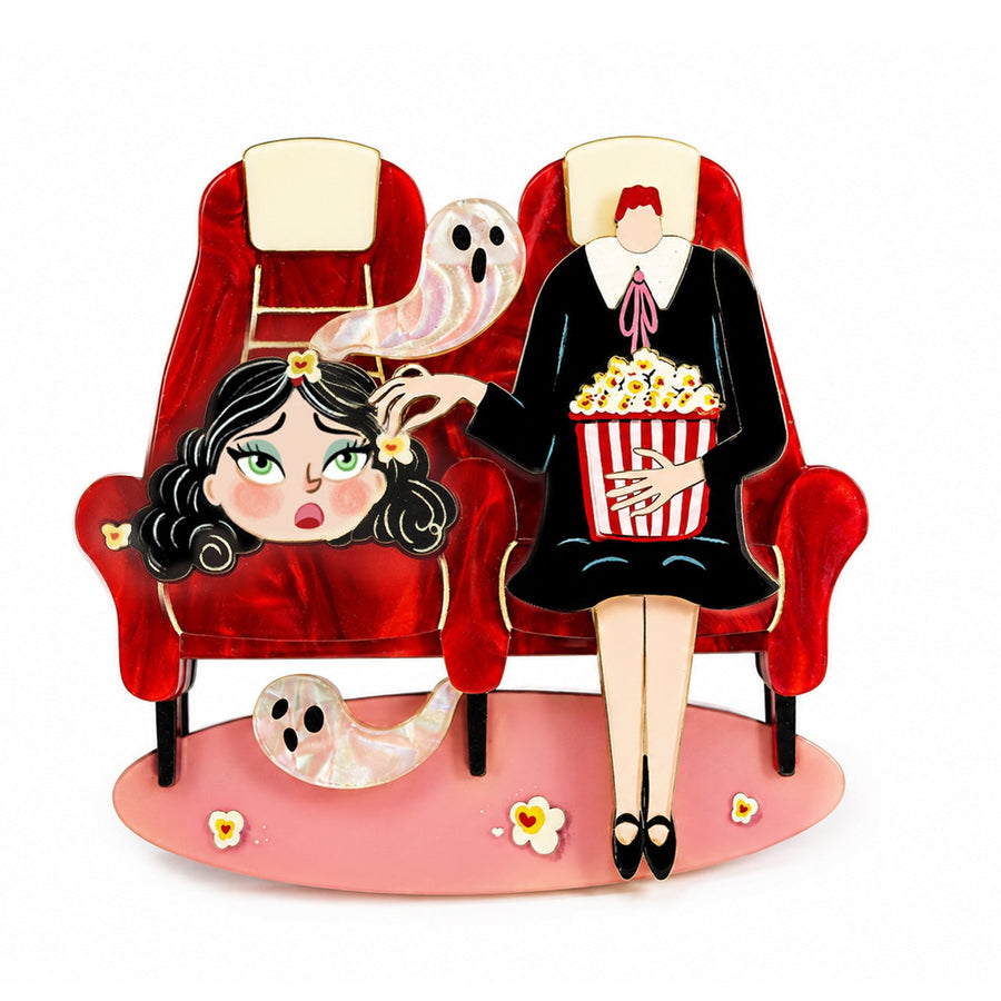 Headless cinema viewer horror brooch — Halloween movie audience acrylic illustrated wood jewelry — LaliBlue Midnight Cinema