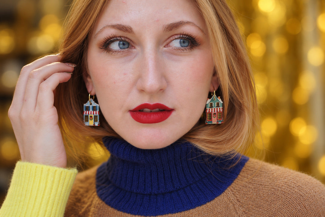 Christmas cottage earrings detail, LaliBlue Christmas jewelry, house, snow, glitter
