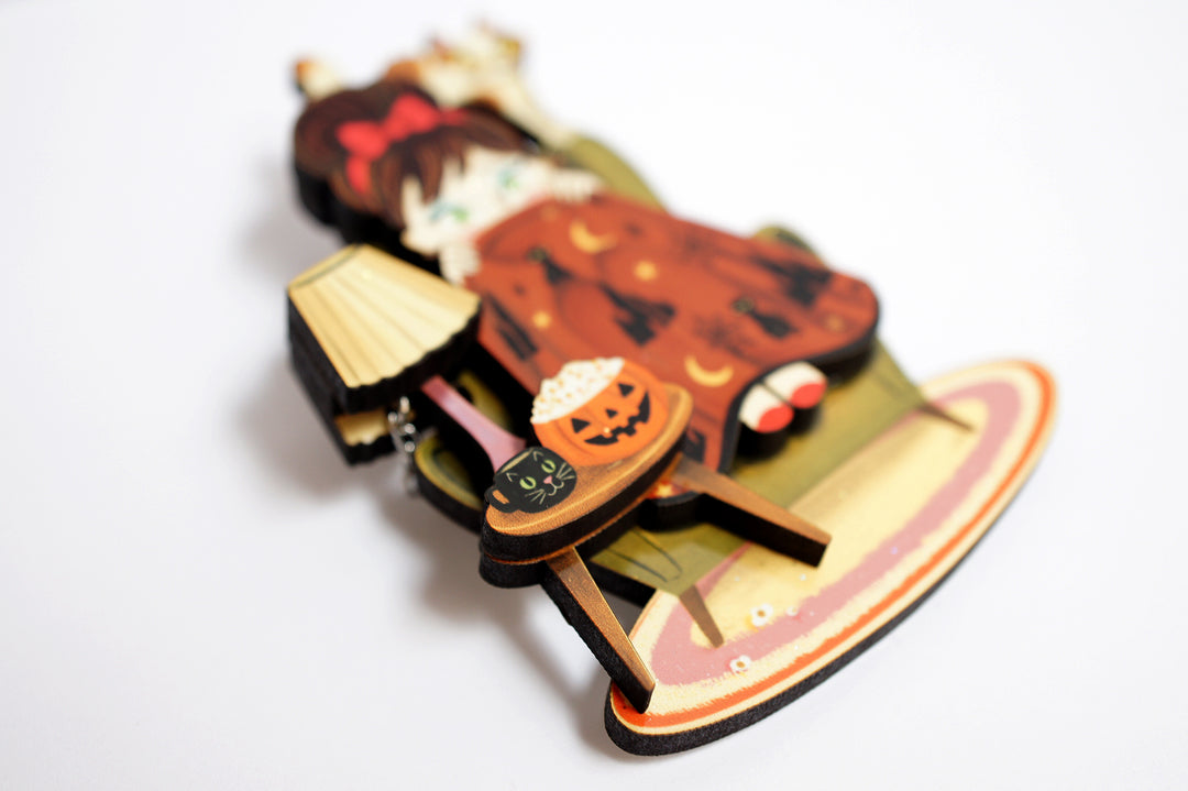 Night of Terror horror brooch size reference — illustrated wood acrylic Halloween jewelry — LaliBlue Midnight Cinema