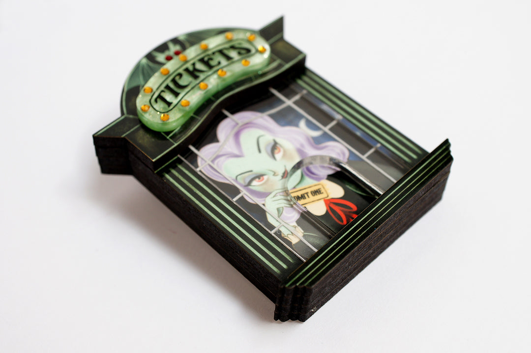Vampire ticket booth brooch worn — Halloween movie theater acrylic jewelry — LaliBlue Midnight Cinema