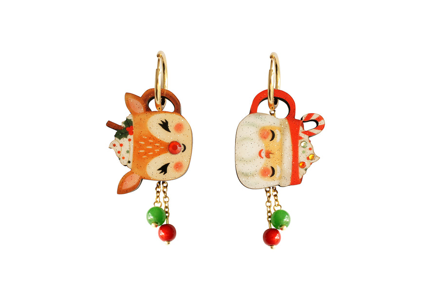 Santa and reindeer mug earrings by LaliBlue: Christmas jewelry, Santa, reindeer, mug, dangle hoop earrings, rhinestone, illustrated wood, pre-order