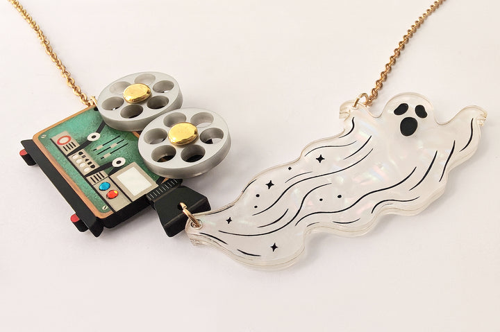 Ghost film projector necklace chain detail — silver stainless steel — LaliBlue Midnight Cinema