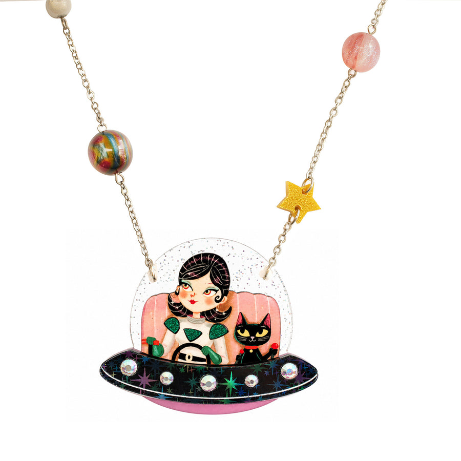 UFO Girl and Space Cat Necklace by Laliblue | Space Adventures Collection