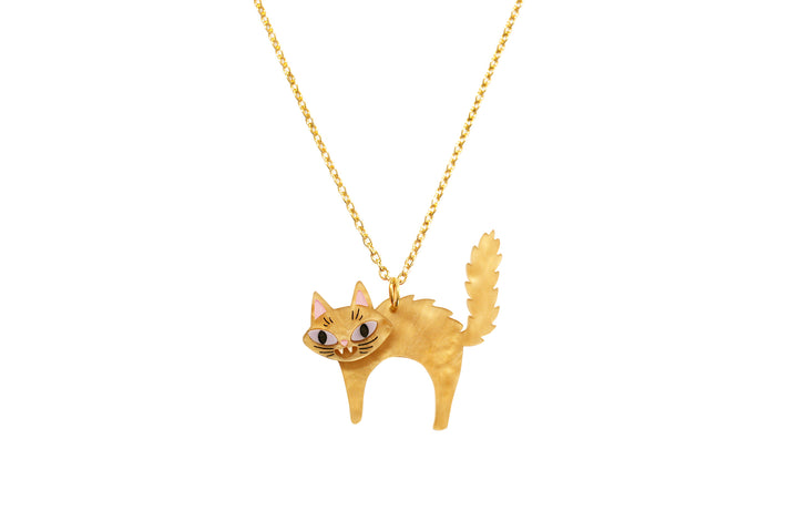 Scared Halloween black cat necklace in layered acrylic and illustrated wood — LaliBlue Midnight Cinema