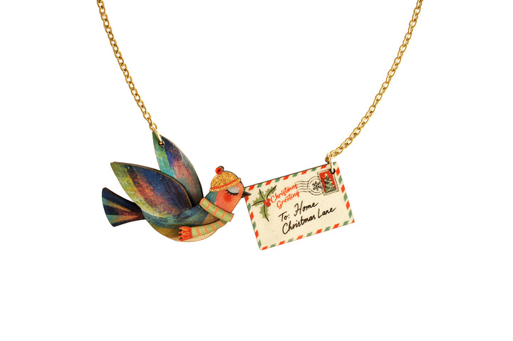 Christmas letter swallow necklace by LaliBlue: Christmas jewelry, swallow bird, Christmas card, vintage postcard, illustrated wood, gold tone chain, pre-order