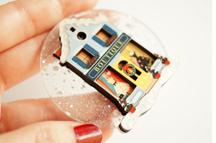 Christmas boutique brooch layers, LaliBlue Christmas jewelry, acrylic jewelry