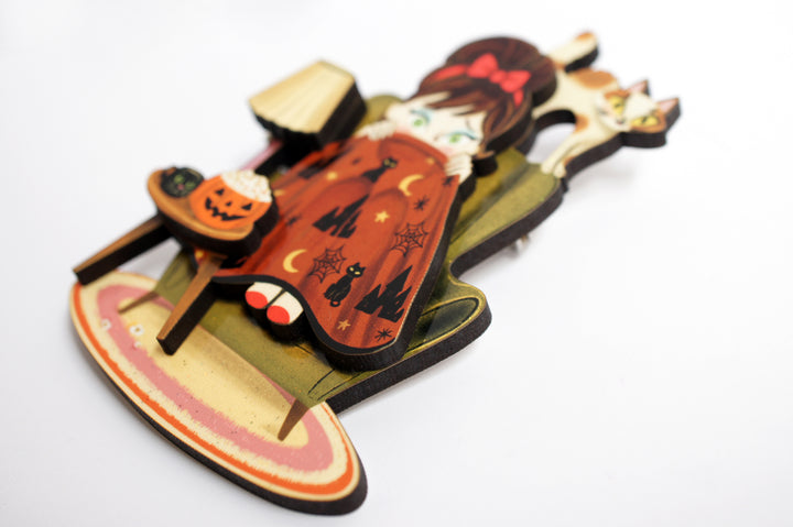 Night of Terror horror brooch detail — illustrated wood acrylic Halloween jewelry — LaliBlue Midnight Cinema