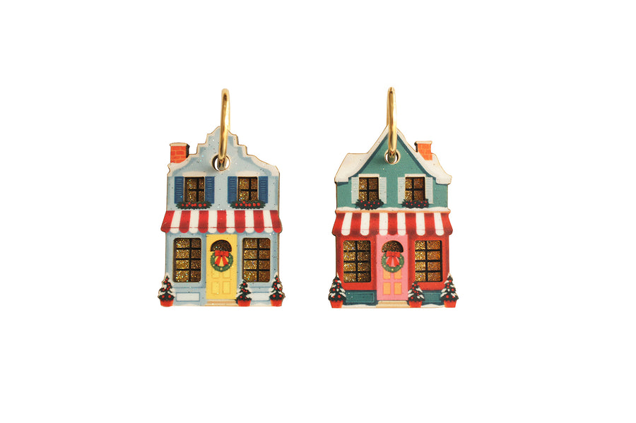 Christmas cottage earrings by LaliBlue: Christmas jewelry, houses, cottage, snow, gold glitter, gold tone hoop earrings, illustrated wood, pre-order