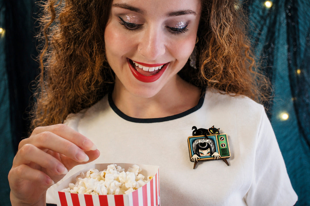 Night TV ghost girl and black cat brooch detail — Halloween acrylic scene jewelry — LaliBlue Midnight Cinema