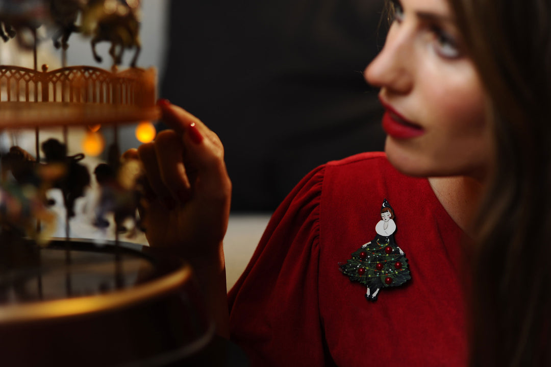 Girl with Christmas Tree Dress Brooch by Laliblue