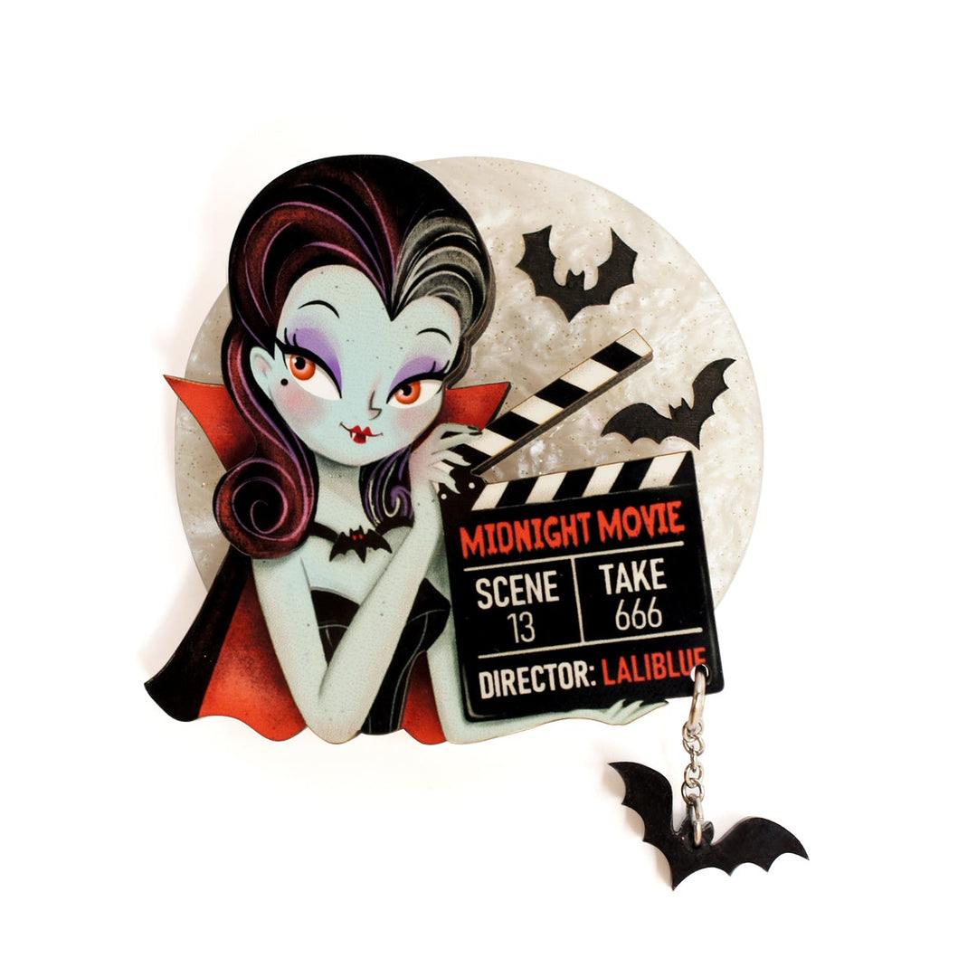 Vampire film director with clapperboard brooch — layered acrylic Halloween cinema jewelry — LaliBlue Midnight Cinema