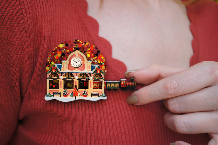 Train station clock with glass cabochon, LaliBlue Christmas jewelry