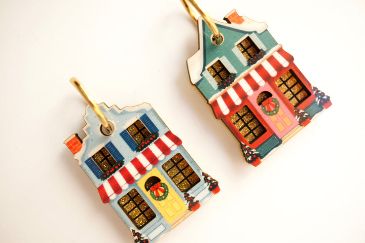 Christmas cottage earrings worn, LaliBlue Christmas jewelry, hoop earrings