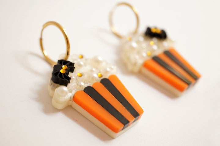 Halloween popcorn and spider earrings worn — acrylic novelty cinema jewelry — LaliBlue Midnight Cinema