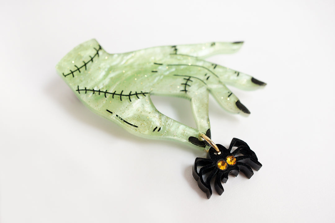 Layered acrylic Halloween popcorn brooch set detail — spooky cinema snack jewelry — LaliBlue Midnight Cinema