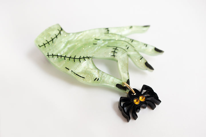 Layered acrylic Halloween popcorn brooch set detail — spooky cinema snack jewelry — LaliBlue Midnight Cinema