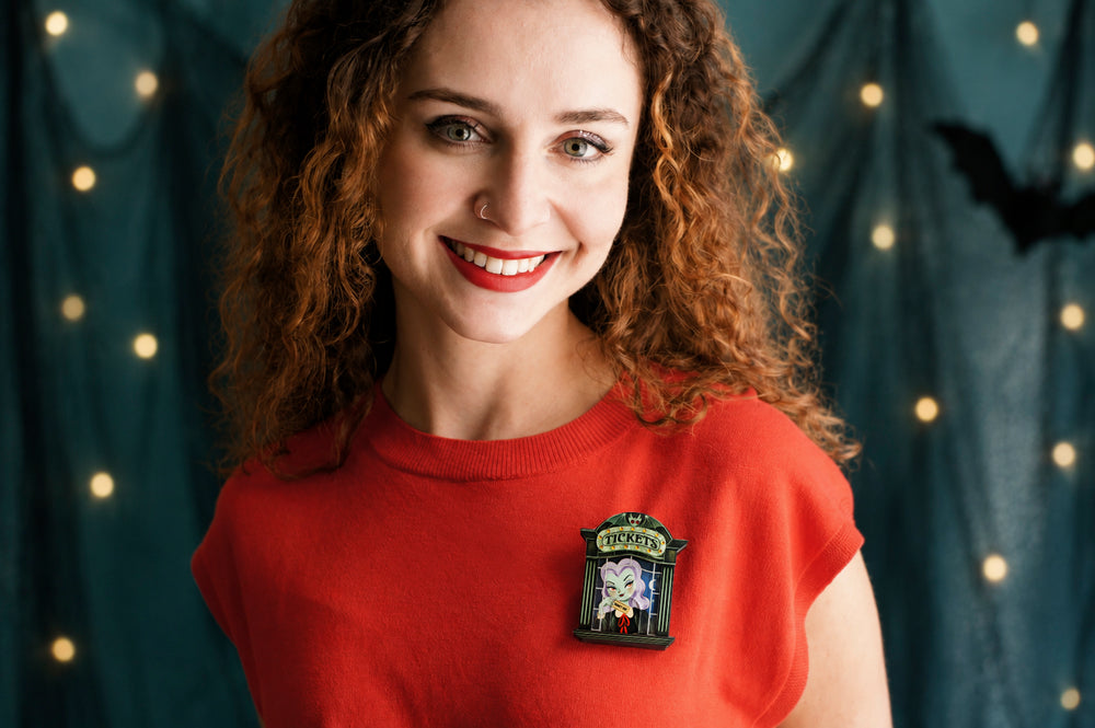 Vampire ticket booth brooch detail — Halloween movie theater acrylic jewelry — LaliBlue Midnight Cinema