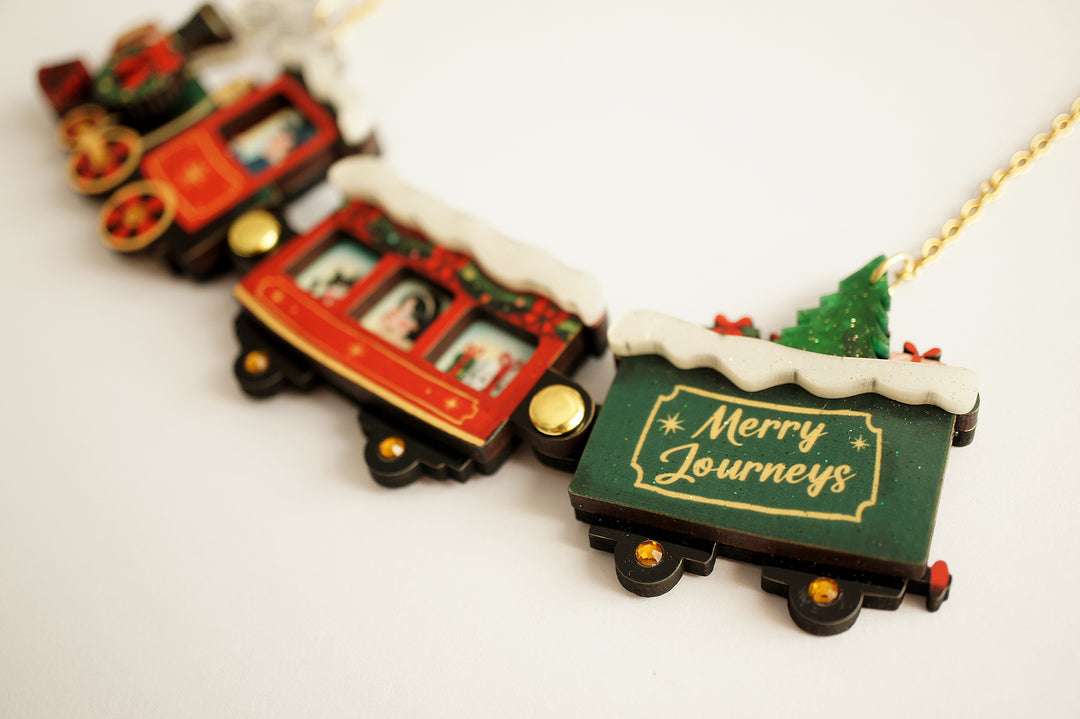 Christmas train necklace worn, LaliBlue Christmas jewelry, statement necklace