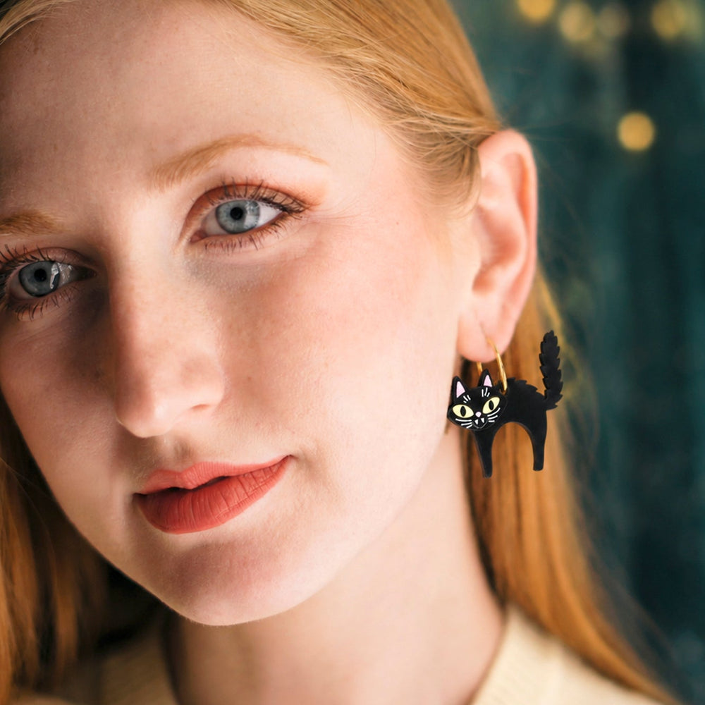Scared Halloween cat earrings all 4 colours shown — laser cut acrylic jewelry — LaliBlue Midnight Cinema