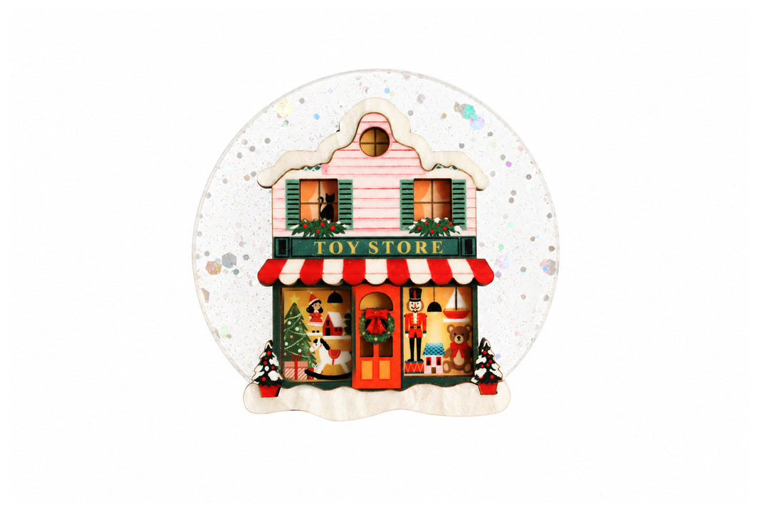 Toy shop snow globe brooch by LaliBlue: Christmas jewelry, vintage toy shop, toys, snow globe, illustrated wood, acrylic jewelry, pre-order