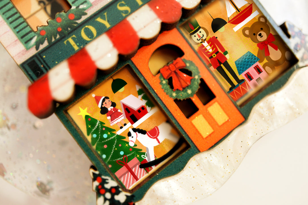 Toy shop brooch worn, LaliBlue Christmas jewelry, snow globe brooch