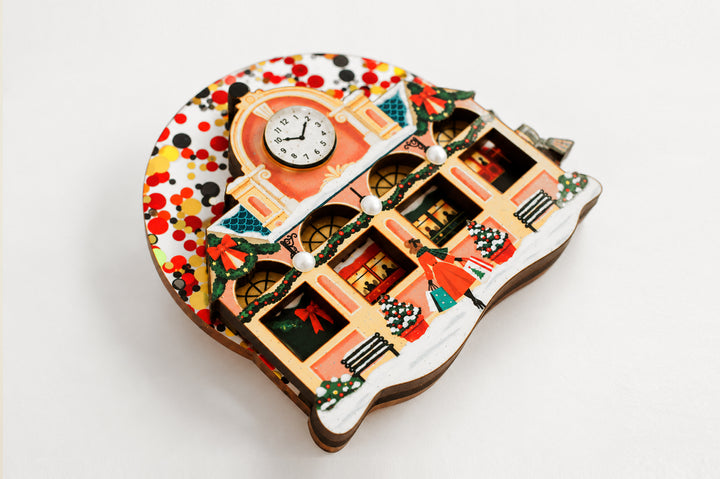Christmas train station brooch with train slid right, LaliBlue Christmas jewelry, interactive