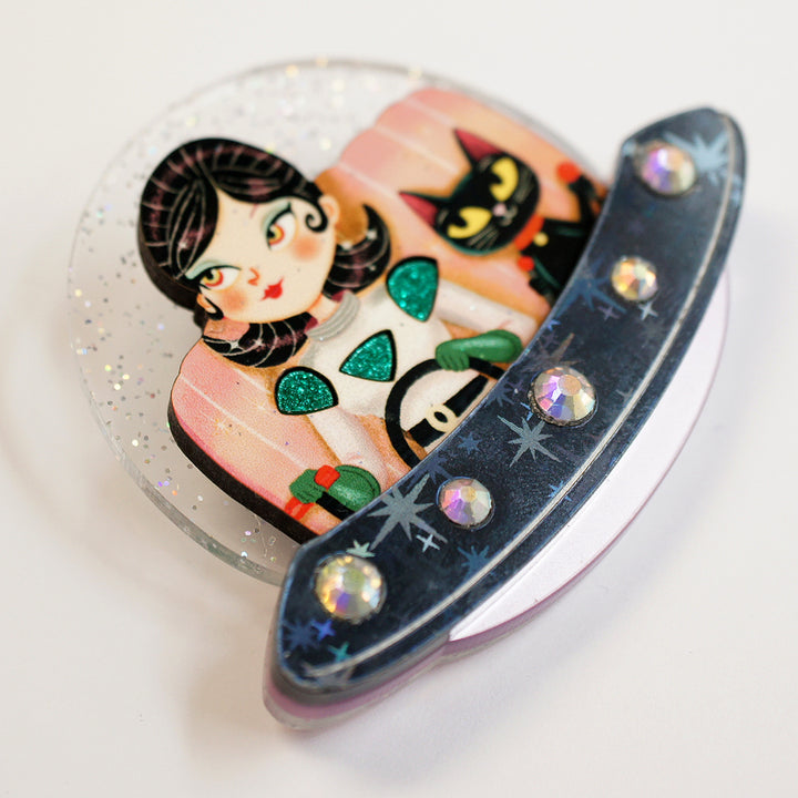 UFO Girl and Space Cat Brooch by Laliblue | Space Adventures Collection