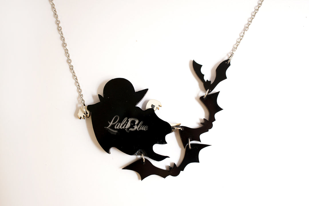 Dracula flying bats necklace size reference — articulated Halloween acrylic illustrated wood jewelry — LaliBlue Midnight Cinema