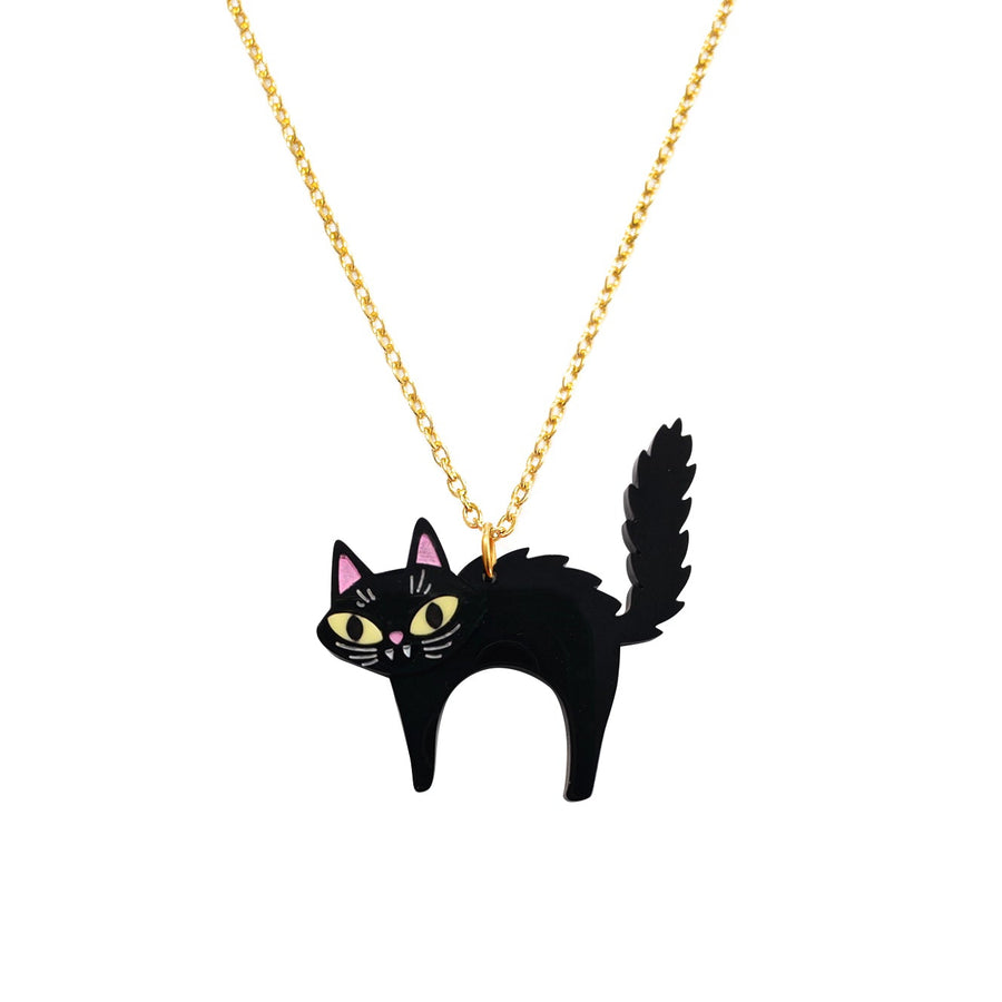 Scared Halloween black cat necklace close-up — layered acrylic illustrated wood jewelry — LaliBlue Midnight Cinema