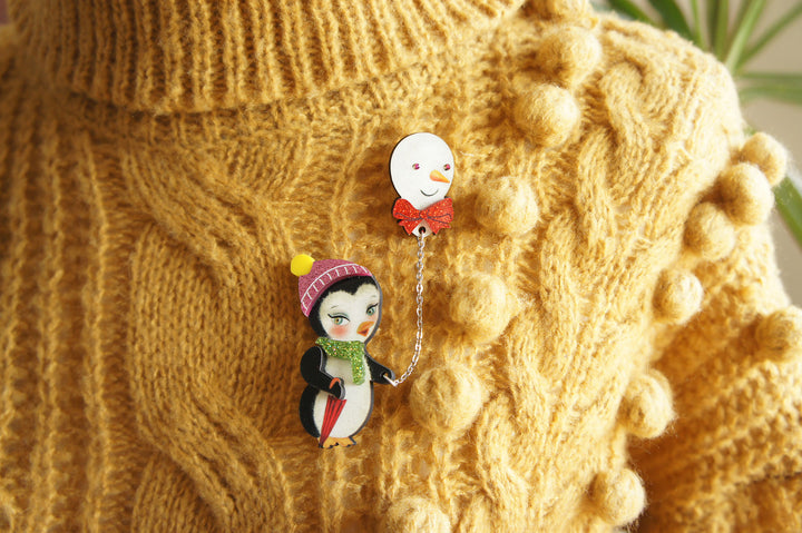 Festive Penguin with Balloon Brooch