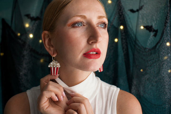 Cinema popcorn hoop earrings detail — gold hoop Halloween cinema acrylic jewelry — LaliBlue Midnight Cinema