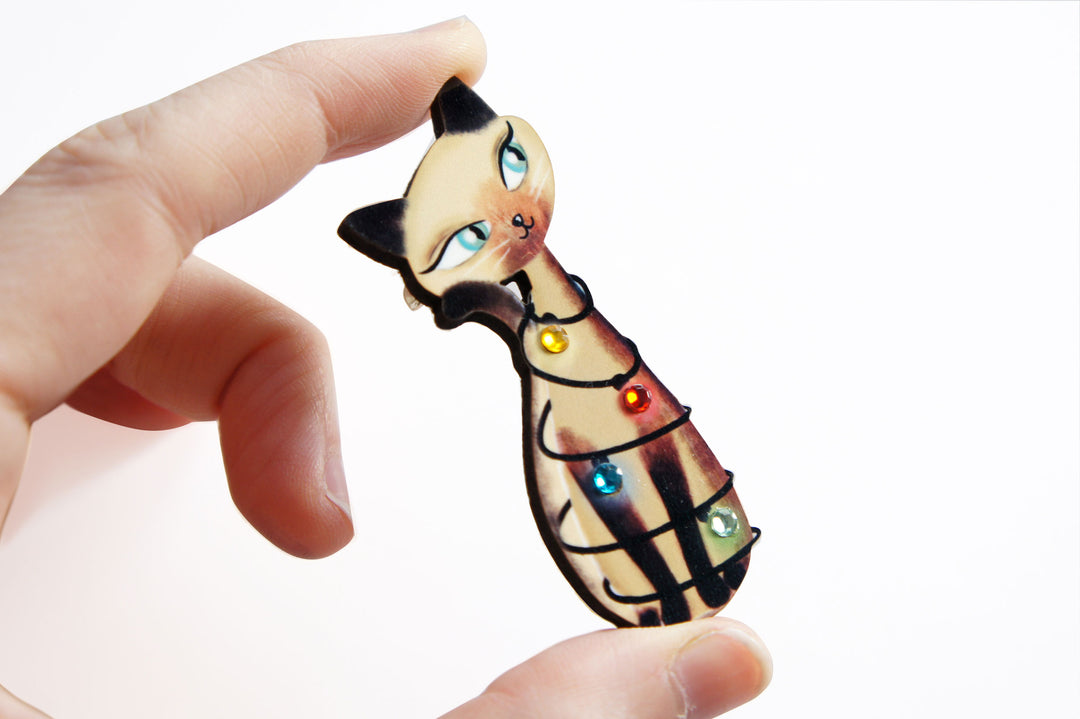 Siamese Cat with Christmas Lights Brooch