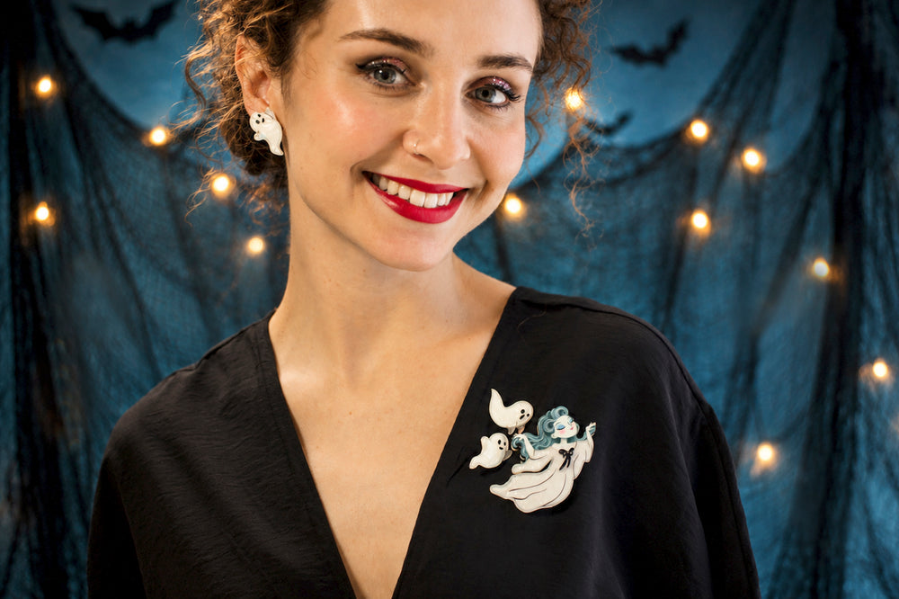 Ghost gang brooch set of 3 detail — Halloween haunted ghost jewelry set — LaliBlue Midnight Cinema