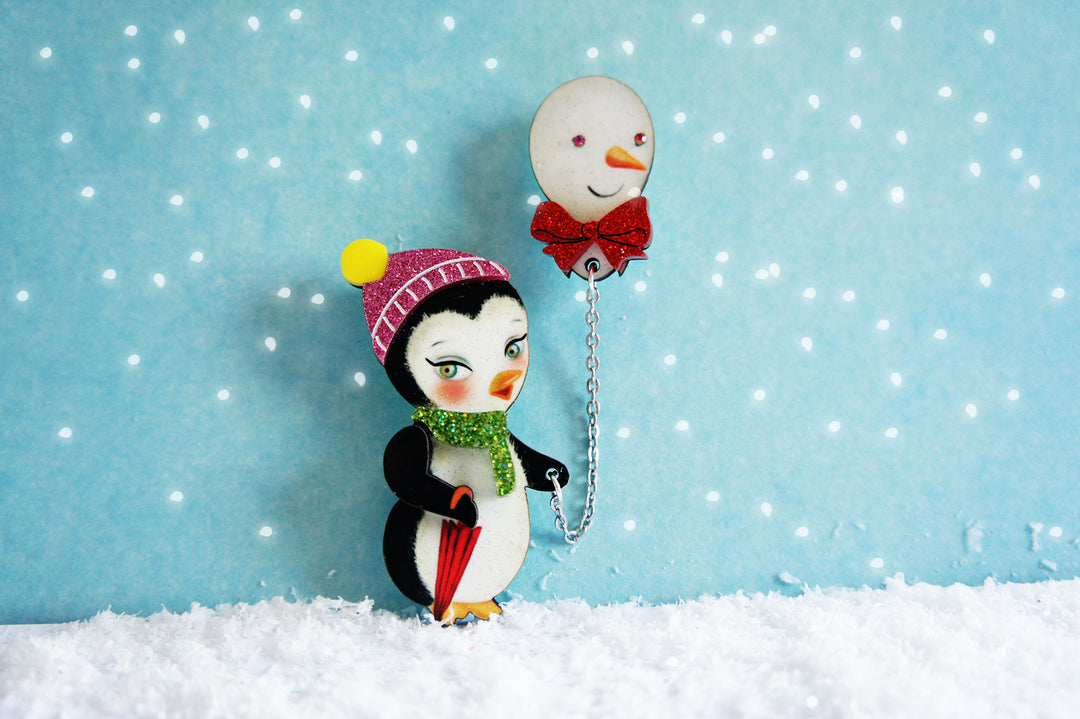Festive Penguin with Balloon Brooch