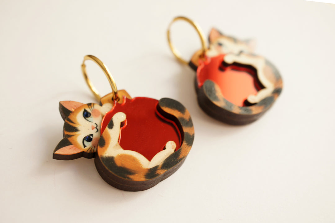 Kitten and red bauble hoop earrings worn, LaliBlue Christmas jewelry, cat, kitten, acrylic jewelry