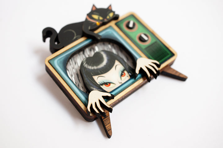 Night TV ghost girl and black cat brooch worn — Halloween acrylic scene jewelry — LaliBlue Midnight Cinema