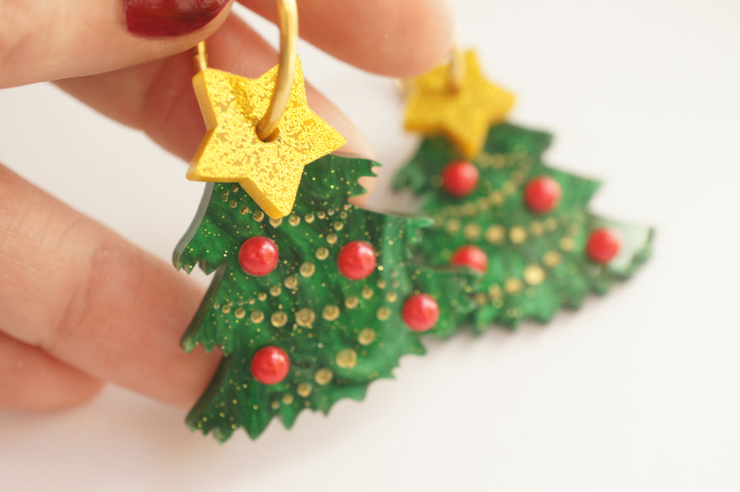 Christmas tree earrings worn, LaliBlue Christmas jewelry, hoop earrings