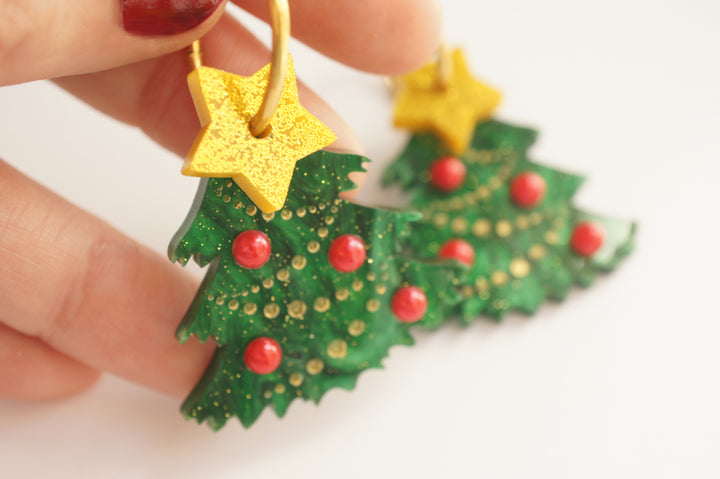 Christmas tree earrings worn, LaliBlue Christmas jewelry, hoop earrings