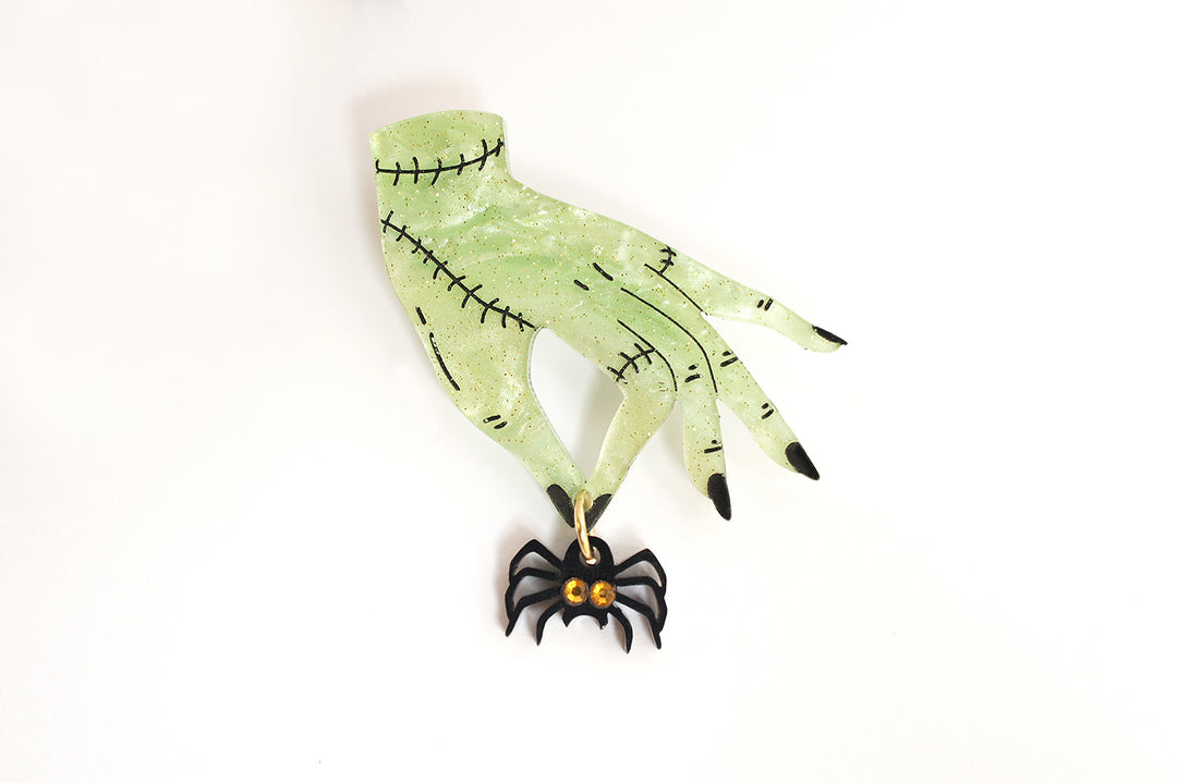 Layered acrylic Halloween popcorn brooch set detail — spooky cinema snack jewelry — LaliBlue Midnight Cinema