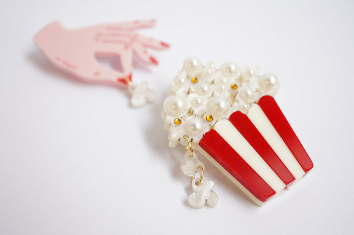 Popcorn brooch set of 2 worn — Halloween cinema snack layered acrylic jewelry — LaliBlue Midnight Cinema