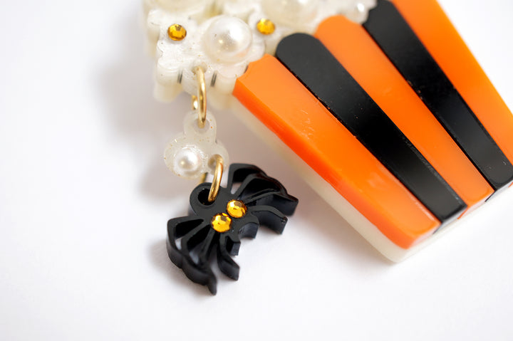 Layered acrylic Halloween popcorn brooch set — spooky cinema snack jewelry — LaliBlue Midnight Cinema