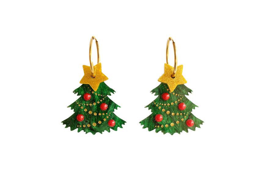 Decorated Christmas tree earrings by LaliBlue: Christmas jewelry, Christmas tree, gold star, glitter, gold tone hoop earrings, acrylic jewelry, pre-order